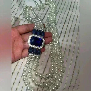 Beautiful Pearl Necklace 3  layers with big blue rhinestone on side
